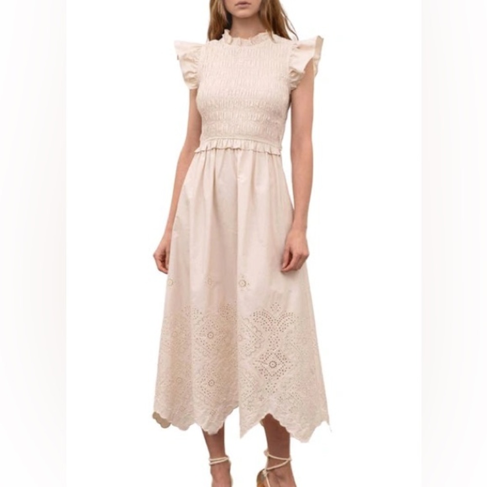 RUFFLE EYELET SMOCKED BODICE STRETCH COTTON DRESS IN CREAM